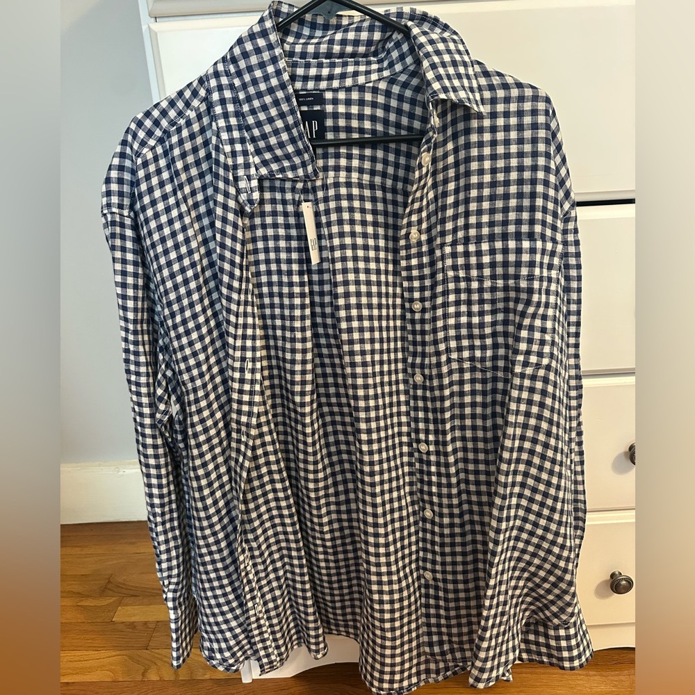 GAP Navy and White Gingham Linen Button-Down Shirt - Picture 2 of 4